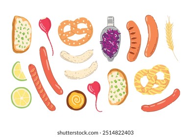 Set of traditional German food, pretzel, sausages, radish, bread sandwich with onion isolated on white background. Hand drawn trendy flat vector illustrations for bar menu, beer festival.