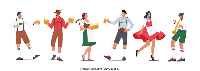 Establezca el Oktoberfest Alemán Tradicional. Personajes masculinos y femeninos llevan traje y vestido bávaros con tazas de cerveza, jugando a la trompeta y celebrando el Festival de Cerveza. Ilustración de vectores de personas de caricatura