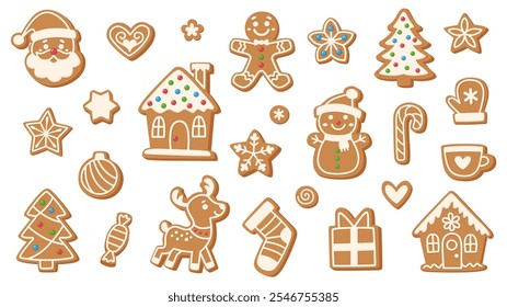 Set of traditional gingerbread cookies of different shapes and sizes. Gingerbread man, house, Santa and snowman, houses and Christmas trees and more. White background.