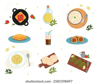 Set of traditional Greek cuisine.  Food illustration for menu, packaging or advertising. Greek cuisine. Magiritsa, saganaki, pita, olive oil, frappe, dolma. Vector illustration