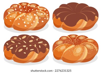 Set of traditional Greek handmade sweet braided bread Tsoureki with chocolate, almonds, sugar and sesame. Isolated vector illustration of food on a white background.