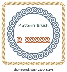 Set of traditional Greek pattern brush and frames. Elements of round and square frames. Vector illustration