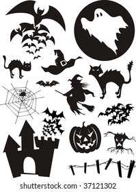 set of traditional halloween design elements, bats, pumpkin, witch, ghost, black cat and more isolated on white background