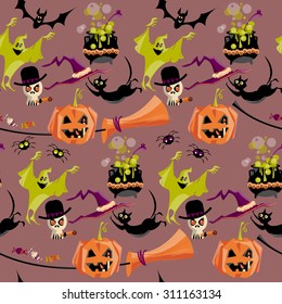 Set of traditional Halloween elements. Broom, cauldron, cat, hat, bat, candy, ghost, spider, pumpkin, skull. Seamless background pattern. Vector illustration