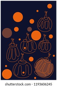 Set of traditional Halloween symbol - PUMPKIN; graphic orange pumpkins on dark blue background in minimalistic style. Vector illustration for Halloween party postcards, banners, stickers, invitations.
