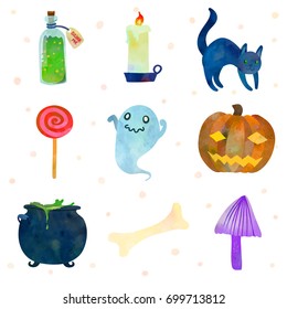 Set with traditional Haloween symbols. Cartoon style. Watercolour imitation. 