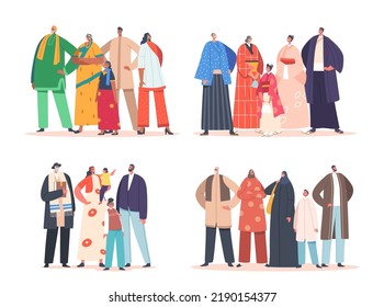 Set of Traditional Happy Family Characters. Indian, Asian, Jewish and Muslim Father, Mother, Grandparents and Children Loving Relations. Diverse Parents and Kids. Cartoon People Vector Illustration