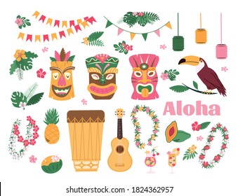 Conjunto de atributos hawaianos tradicionales. Máscaras y guitarra hawaiana o ukulele y hojas para vestidos con flores, ilustración vectorial de caricatura plana aislada