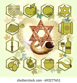 Set of traditional Hebrew symbols of Jewish holidays. Happy Rosh Hashanah. Shana Tova. Happy New Year on hebrew. Happy Rosh Hashanah card. Dark background.