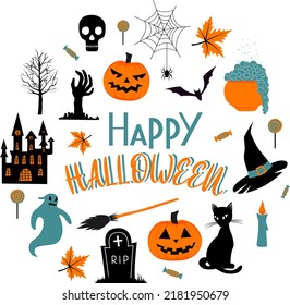 Set of traditional Helloween symbols and Halloween horror attributes with black cat, broom, bats, hat, spider web, pumpkins, castle, zombie hand, ghost, candles, grave, leaves and candy. Flat vector i