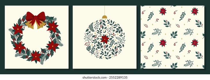 Set of traditional holiday cards with Christmas wreath, ornate floral ball and background. Universal abstract creative artistic templates. Vector illustration