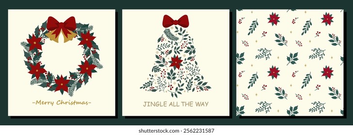 Set of traditional holiday cards with Christmas wreath, ornate floral bell and background. Universal abstract creative artistic templates. Vector illustration