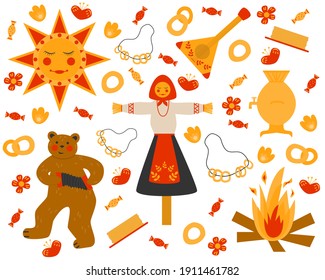 Set of the traditional holiday carnival about Russian Pancake week. Translation Shrovetide or Maslenitsa. Spring festival. Collection of traditional russian symbols. Flat vector illustration