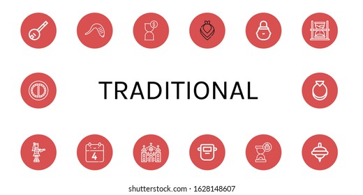 Set of traditional icons. Such as Banjo, Leech, Hourglass, Kerchief, Wicker basket, Hula, th of july, Church, Mask, Spinning top, Cheburek, Castanets , traditional icons