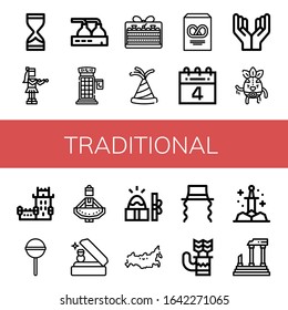 Set of traditional icons. Such as Hourglass, Hula, Beer factory, Phone booth, Cake, Party hat, Pretzel, th of july, Prayer, Wrestler, Belem tower, Lollipop , traditional icons