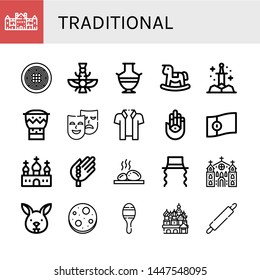 Set of traditional icons such as Palace, Spaghetti, Faravahar, Greek vase, Rocking horse, Sword, Bongo, Masks, Hawaiian, Hamsa, Portugal, Church, Bead, Lithotherapy , traditional