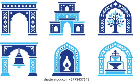 Set of traditional Indian architectural elements including ornate gates arches buildings and decorative motifs.