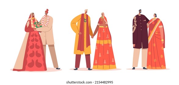 Set of Traditional Indian Couples Celebrate Wedding Ceremony. Happy Groom and Bride Characters Wear Festive Clothes, Newlywed Man and Woman Love, Marriage Party. Cartoon People Vector Illustration