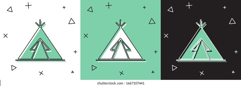 Set Traditional indian teepee or wigwam icon isolated on white and green, black background. Indian tent.  Vector Illustration