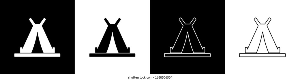 Set Traditional indian teepee or wigwam icon isolated on black and white background. Indian tent.  Vector Illustration