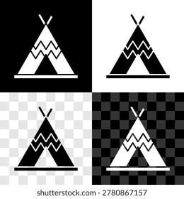 Set Traditional indian teepee or wigwam icon isolated on black and white, transparent background. Indian tent.  Vector