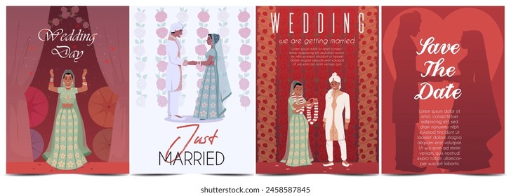 Set of traditional Indian wedding flyers. Illustrates wedding ceremonies and rituals, ideal for creating invitations with space for text. Flat vector.