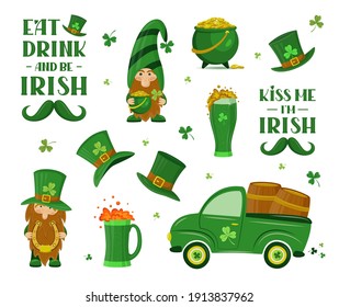 Set of traditional Irish elements and lettering signs for Patrick's day. Isolated vector illustration. For banner, poster, flyer, card, invitation. Symbol of good luck and wealth 