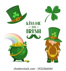 Set of traditional Irish elements and lettering signs for Patrick's day. Isolated vector illustration. For banner, poster, flyer, card, invitation. Symbol of good luck and wealth 