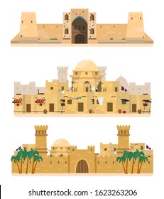 Set of traditional Islamic architecture. Caravanserai, ancient village, castle. Mud brick buildings. Flat vector illustration isolated on white.