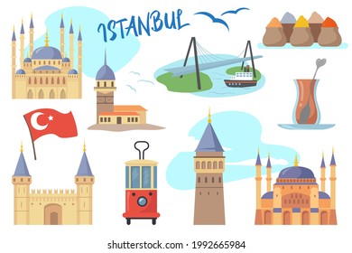 Set of traditional Istanbul symbols. Cartoon vector illustration. Hagia Sophia, Blue Mosque, Galata Tower, Turkish tram, Maidens Tower, Bosphorus bridge, vapur ferry. Turkey, travel, culture concept