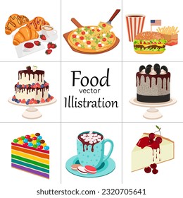 Set of traditional italian desserts, sweets and fast food. vector elements