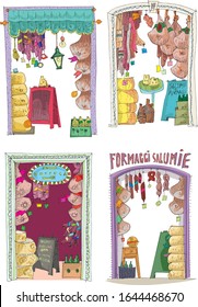 Set of  traditional italian food stores full of sausages, bacon, cheese, wine and others tradition delicious. A facade of a vintage grocery shop. Caricature. Cartoon.