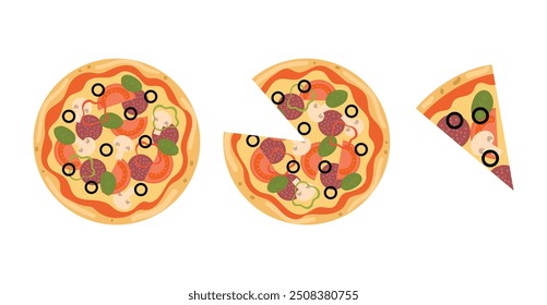 Set of traditional italian pizza. Pizza with tomato, basil, mushrooms and salami. Whole and pieces italian pizza. Flat, vector illustration.