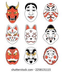 Set traditional japanese culture mask of hannya hyottoko okame tengu kabuki kitsune oni daikokuten illustration isolated on white background