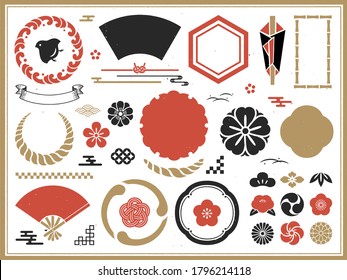 Set of traditional Japanese decorations and frames and icons.