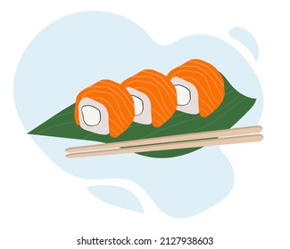 Set of traditional Japanese dishes of rolls and sushi with seafood. Served on a palm leaf. Cartoon vector illustration hand drawing.