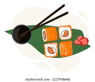 Set of traditional Japanese dishes of rolls and sushi with seafood. Served on a palm leaf. Cartoon vector illustration hand drawing.