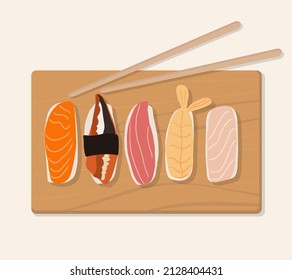 Set of traditional Japanese dishes of rolls and sushi with seafood. On a wooden tray. Cartoon vector illustration hand drawing.