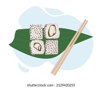 Set of traditional Japanese dishes of rolls and sushi with seafood. Served on a palm leaf. Cartoon vector illustration hand drawing.