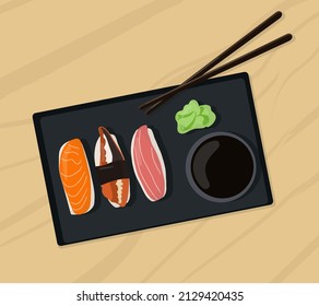 Set of traditional Japanese dishes of rolls and sushi with seafood. On a black plate and wooden table. Cartoon vector illustration hand drawing.