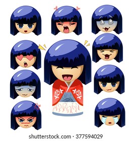 Set of Traditional Japanese Dolls Kokeshi. Faces icons, Kawaii anime emotions. Smiles