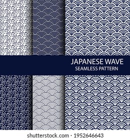 
Set of Traditional Japanese Folk Seigaiha seamless pattern in indigo colour.  Ocean wave background. Fish scale vector illustration. 