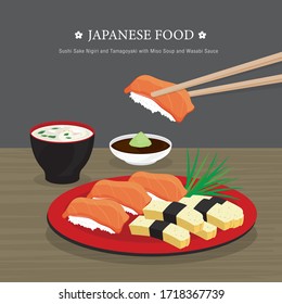 Set of Traditional Japanese food, Sushi Sake Nigiri and Tamagoyaki with Miso Soup and Wasabi Sauce. Cartoon Vector illustration 