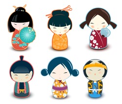 Set Of Traditional Japanese Kokeshi Dolls In National Costumes . Vector Illustration