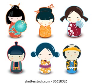 Set of traditional japanese kokeshi dolls in national costumes . Vector Illustration