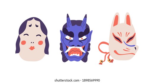 Set of traditional Japanese ritual noh theatre masks with faces of Okame, kitsune and blue devil. Colorful flat vector illustration isolated on white background