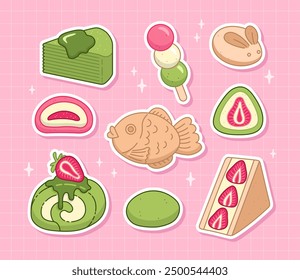 Conjunto de dulces tradicionales japoneses. Lindas pegatinas de comida asiática. Ilustraciones vectoriales.