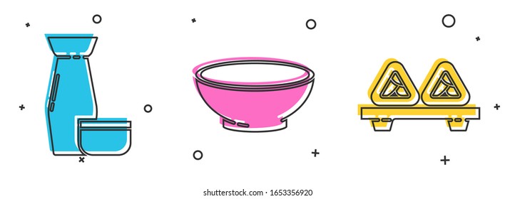 Set Traditional Japanese tea ceremony, Bowl of hot soup and Sushi on cutting board icon. Vector