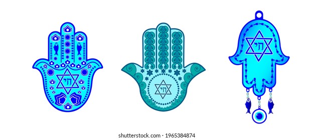 Set traditional Jewish Hamsa amulets, the hand of Miriam, the hand of David-with a six-pointed star and the inscription in Hebrew of the word Life. Vector illustration isolated on a white background