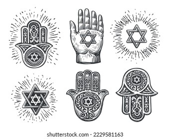 Ubicado en los tradicionales amuletos judíos Hamsa, mano de Miriam, mano con la estrella de David de seis puntas. Ilustración vectorial vintage